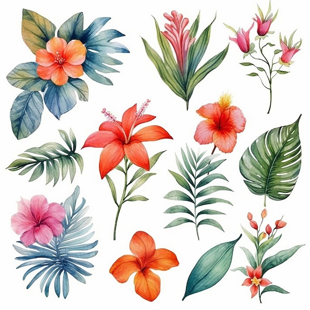 Photo watercolor tropical floral illustration set with green leaves exotic tropical flowers and leaves