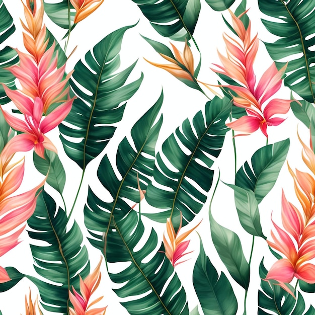 アクアカラー 熱帯の花の植物の背景のシームレスなパターン