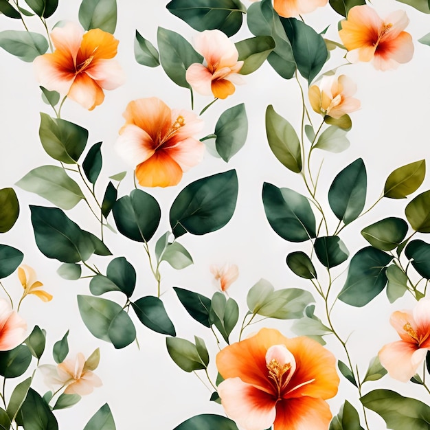 Watercolor Tropical flower plant background seamless patterns