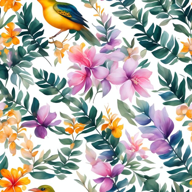 Watercolor Tropical flower plant background seamless patterns