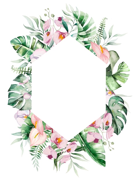 Watercolor tropical flowers and leaves geometric frame illustration