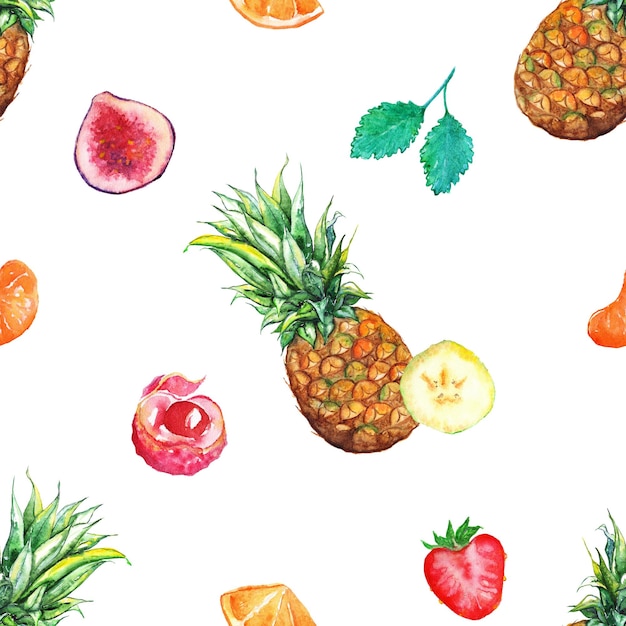 Watercolor tropical fruit berry seamless pattern background