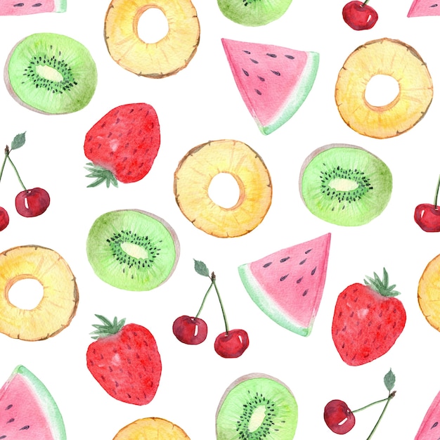 Watercolor tropical fruits and berries seamless pattern on white background