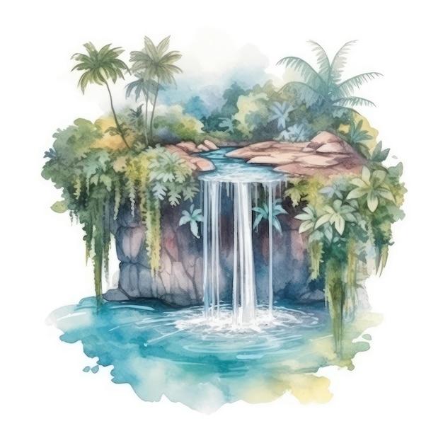 watercolor of a tropical island with a waterfall cascading down into a natural pool