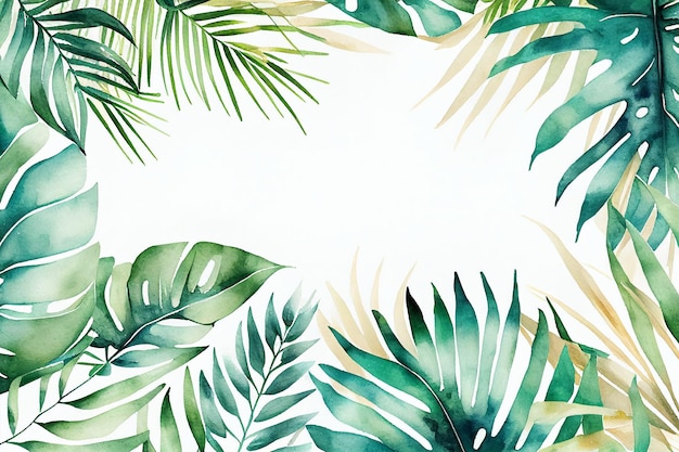 Watercolor Tropical Jungle Background Frame of Palm Tree LeaveGenerative AI