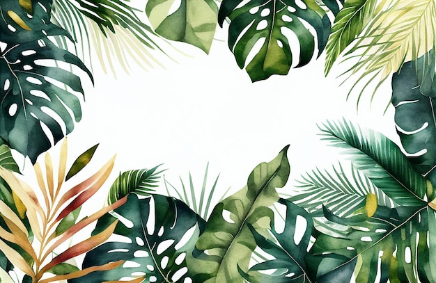 Watercolor Tropical Jungle Background Frame of Palm Tree LeaveGenerative AI