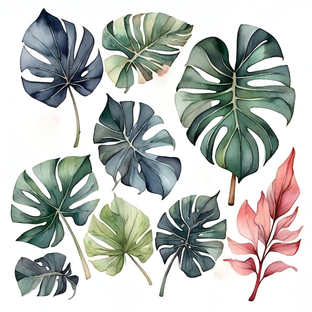 Watercolor tropical leaves background