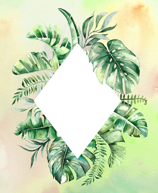 Watercolor tropical leaves frame illustration with watercolor background