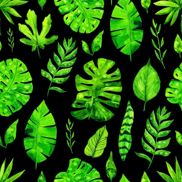 Watercolor tropical leaves seamless pattern background
