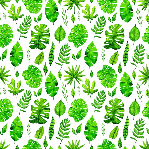 Watercolor tropical leaves seamless pattern background