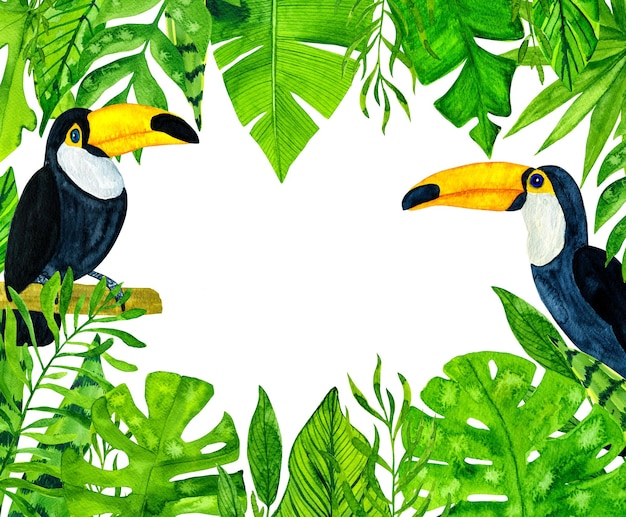 Photo watercolor tropical leaves and toucans