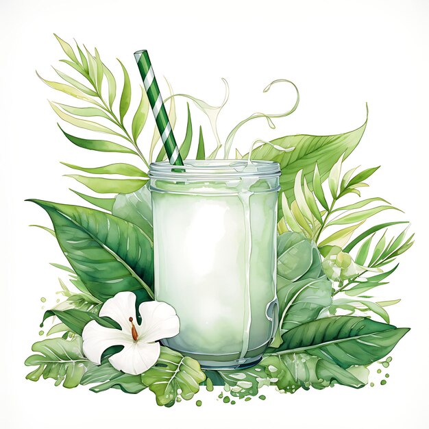 Watercolor of Tropical Palm Leaf Frame With Es Cendol Kelapa Muda Indonesi Clipart Tshirt Design