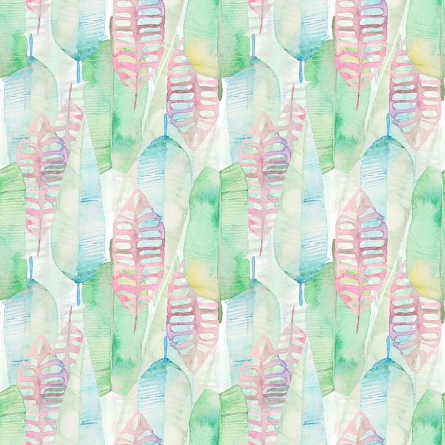 Photo watercolor tropical palm leaves seamless pattern. green and pink palm leaf