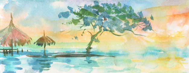 Watercolor tropical palms, beach