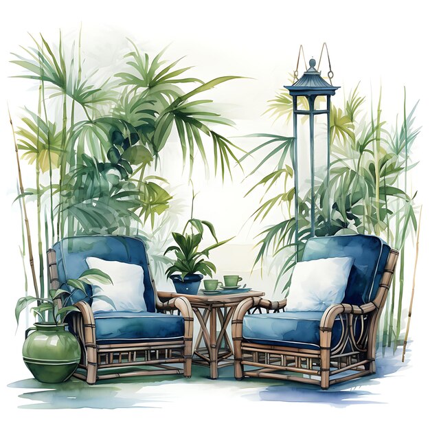 Watercolor of tropical paradise a room with lush greenery ba on white background with cozy place