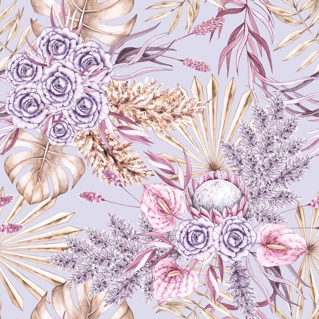 Watercolor tropical pattern with dry palm leaves and flowers in pastel shades in boho style