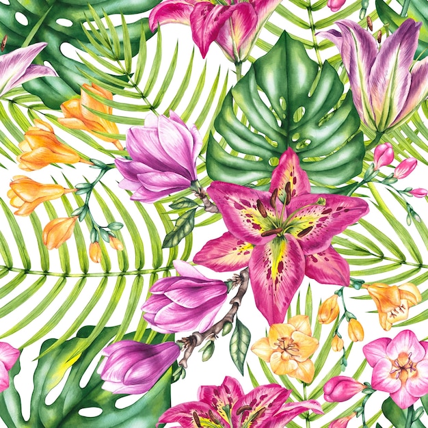 Foto disegno tropicale ad acquerello con fiori foglie di palma monstera