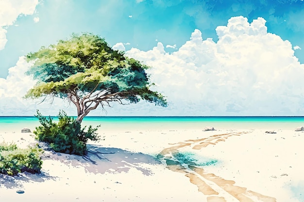 Watercolor tropical sea landscape painting Maldives beach illustration Ai generated