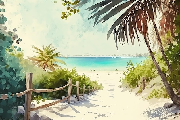 Watercolor tropical sea landscape painting Maldives beach illustration Ai generated