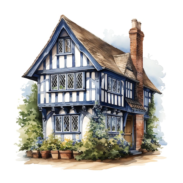 Watercolor Tudor House England Exposed Beams Leaded Windows on White Background Aesthetics House