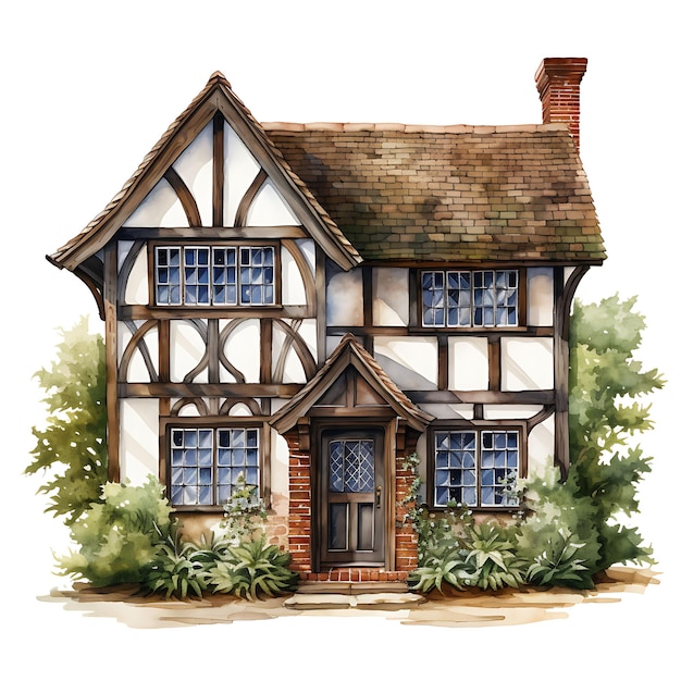 Watercolor Tudor House England Exposed Beams Leaded Windows on White Background Aesthetics House