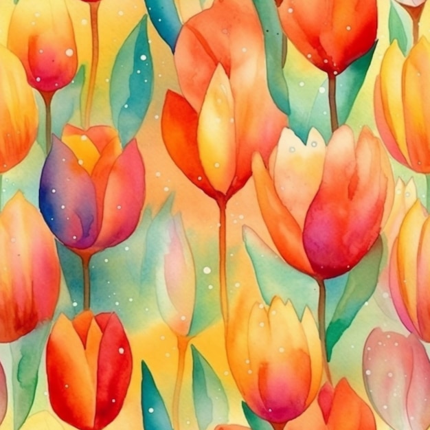 Watercolor tulips on a colorful background.