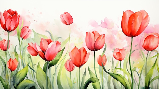 Watercolor tulips lined up