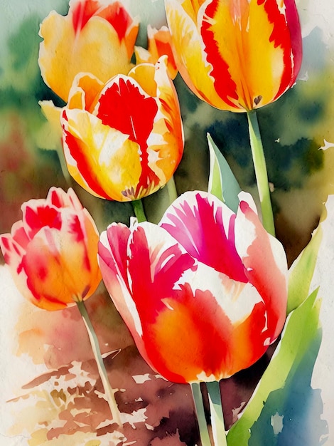 Watercolor Tulips Painting Tulip Flower Illustration Reproduction JPG