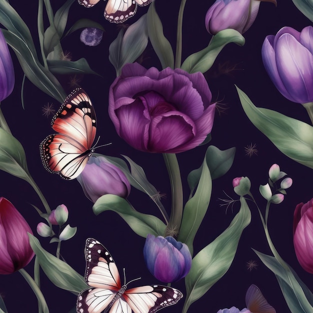 Watercolor Tulips Seamless Pattern Digital Papers Generative AI