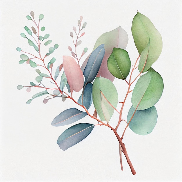 Watercolor twigs and leaves on white background