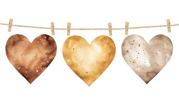 Watercolor of twine burlap string with heart shaped decorations and golden clipart 2d flat strings