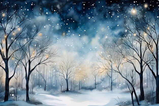 Watercolor twinkling fairy lights in snowy forest background with empty space for text