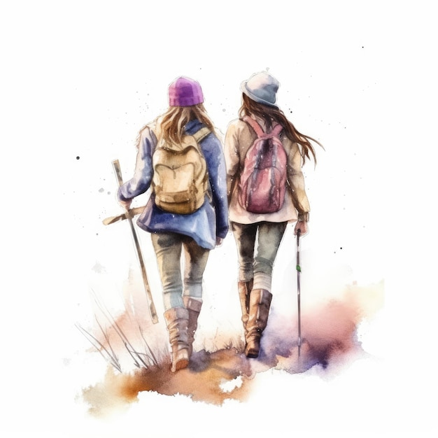 Watercolor of Two friends hiking together