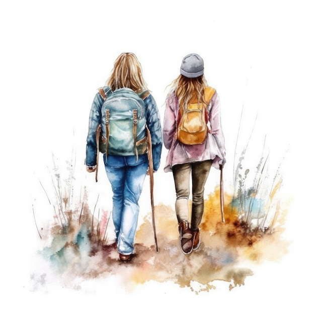 Watercolor of Two friends hiking together