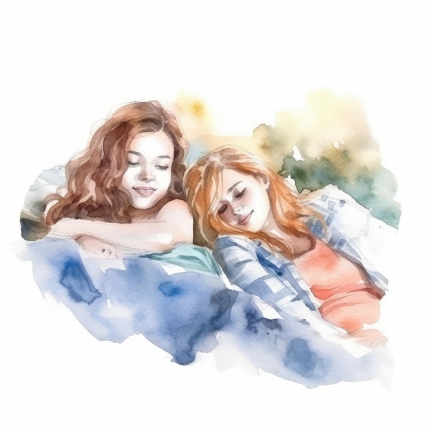 Watercolor of Two friends lying on a blanket in a park