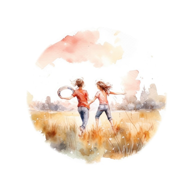 野原で遊ぶ 2 人の友人の水彩画