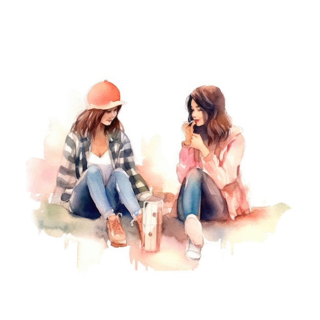 Photo watercolor of two friends sitting together