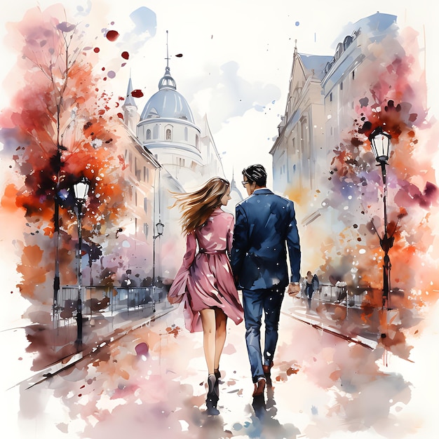 Watercolor two lovers strolling in the city of lovers