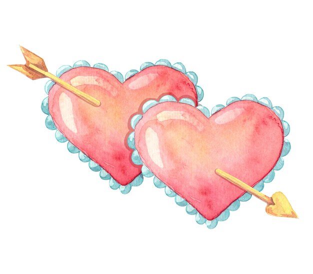 Фото Акварель два красных сердца со стрелой, любовь, страсть и романтика. ручная иллюстрация.