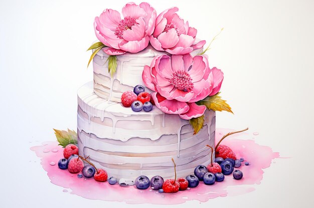 Watercolor twotier cake on a white background A wedding cake Mothers day card