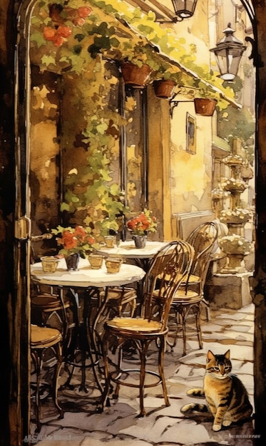 Watercolor of a typical French cafe in Paris from the early 19th century Generative AI