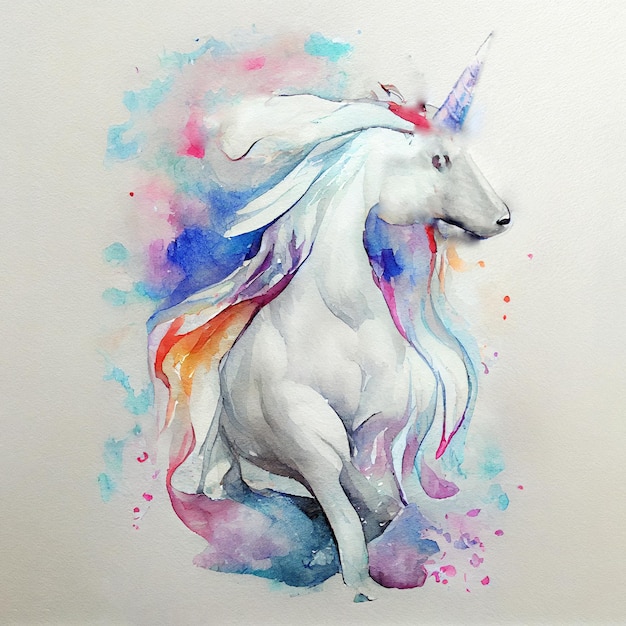 Acquerello di un unicorno. cavallo bianco con macchie colorate su carta bianca. immagine dell'unicorno arcobaleno