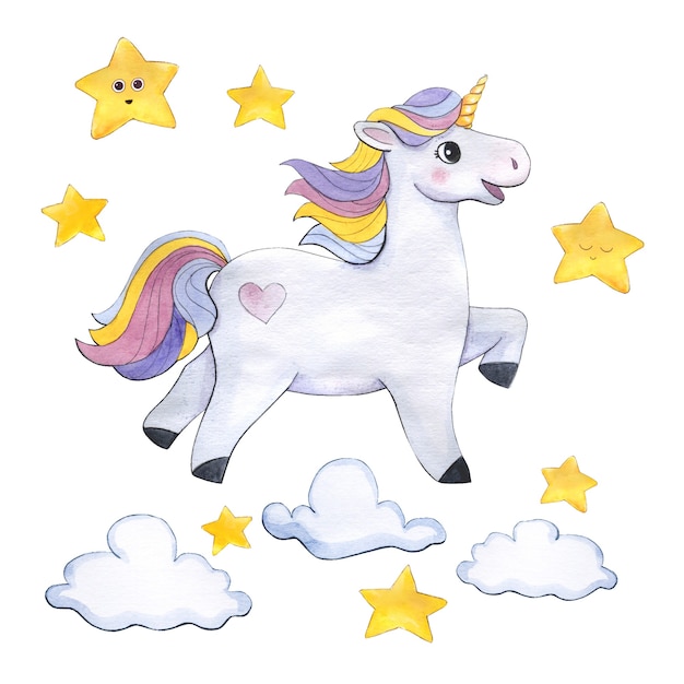 Unicorno dell'acquerello con nuvole, stelle