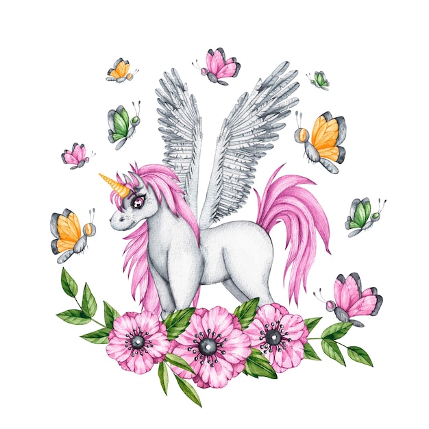 Watercolor unicorn with flowers and butterflies on a white background