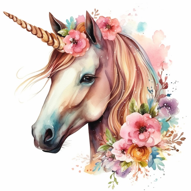 Watercolor unicorn with a pink mane and flowers.