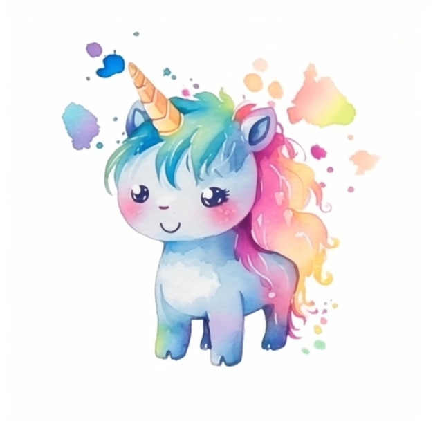 Watercolor unicorn with a rainbow mane.