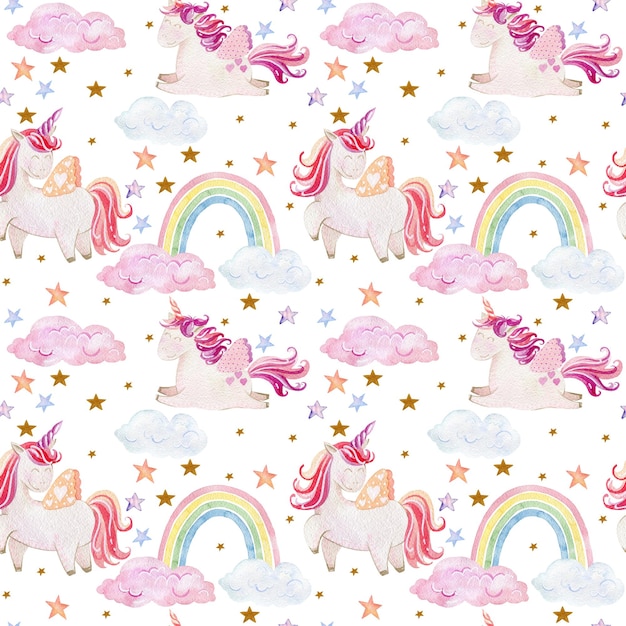 Watercolor unicorns seamless pattern magical fantasy character