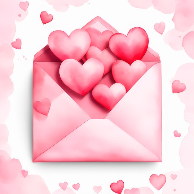 Watercolor valentine envelope letter with hearts on white background