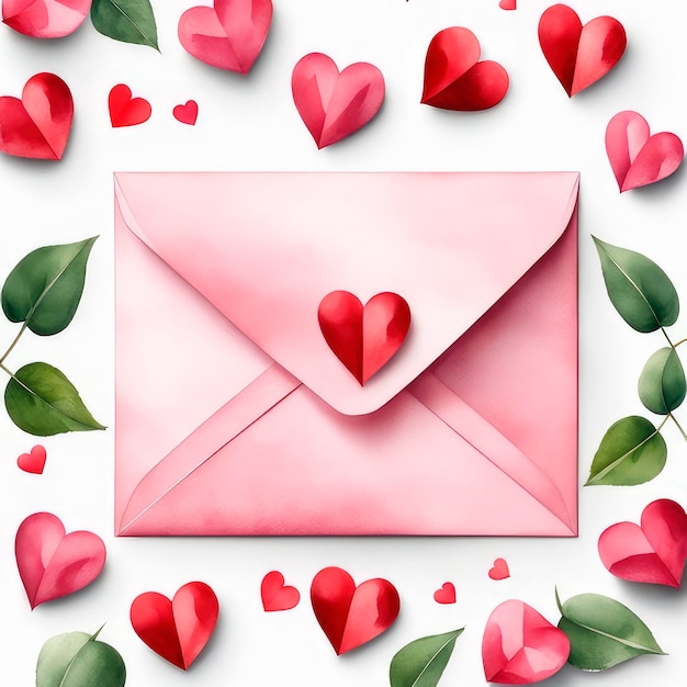 Watercolor valentine envelope letter with hearts on white background