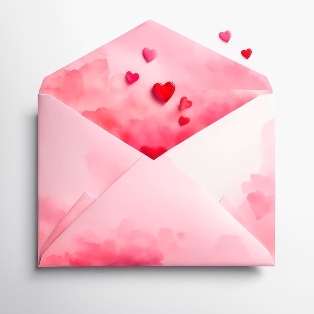 Watercolor valentine envelope letter with hearts on white background